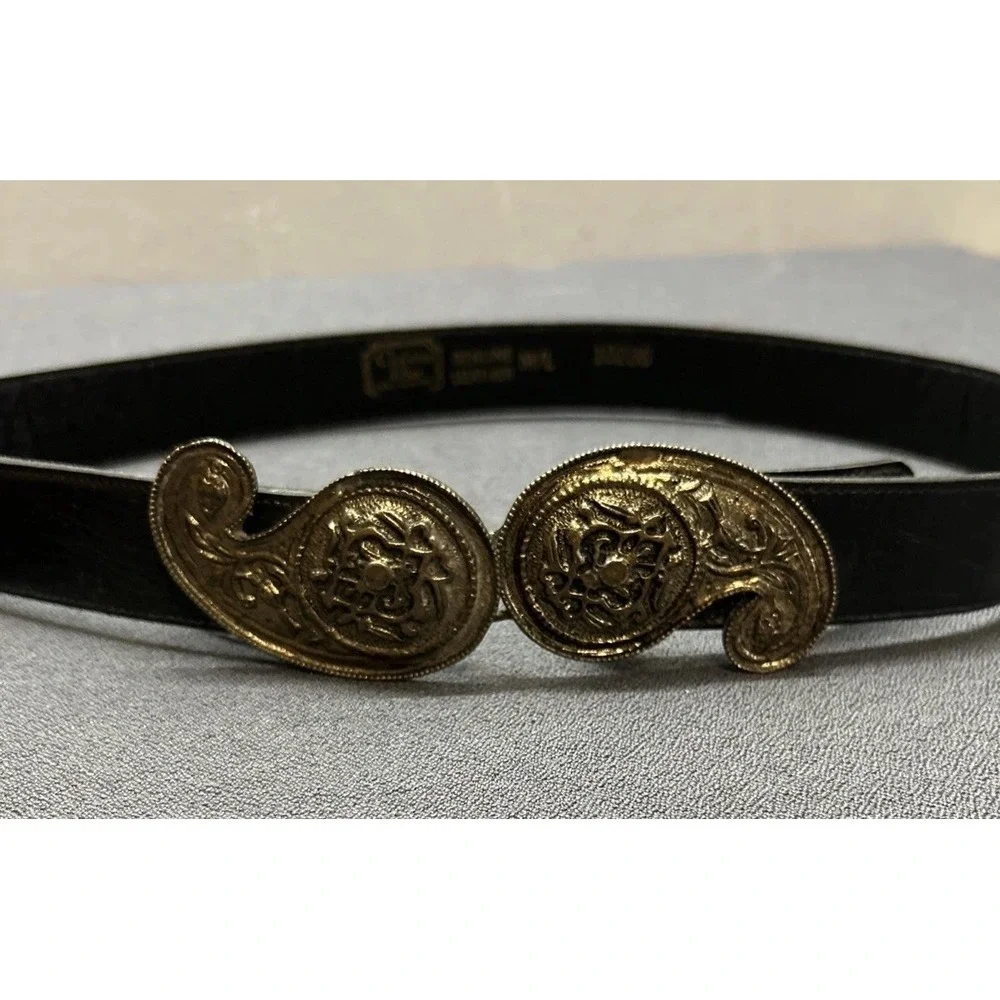 Rare Vintage Christian Dior Leather Belt Brass Teardrop Paisley Buckle
